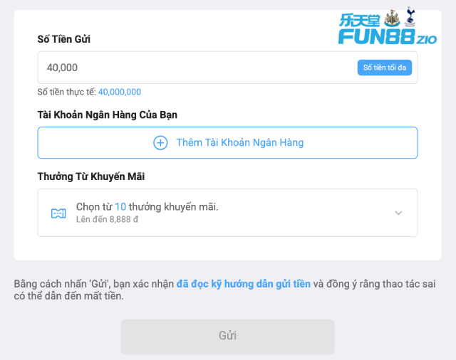 Giao diện khi nạp tiền Fun88 qua ngân hàng địa phương